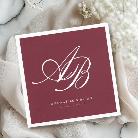 Elegant Monogram Wijnrood Bruiloft Servet