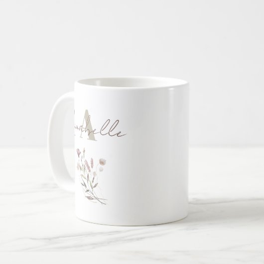 Elegant Monogram Wildflower Script Waterverf Koffiemok (Voorkant links)