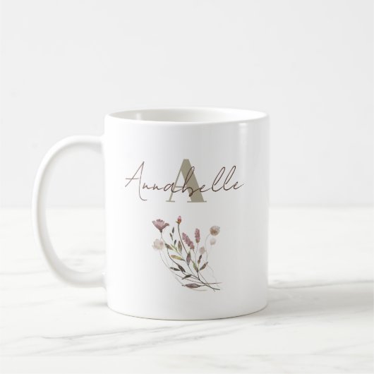 Elegant Monogram Wildflower Script Waterverf Koffiemok (Links)