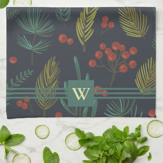 Elegant Monogram Winter Botanisch Theedoek (Gevouwen)
