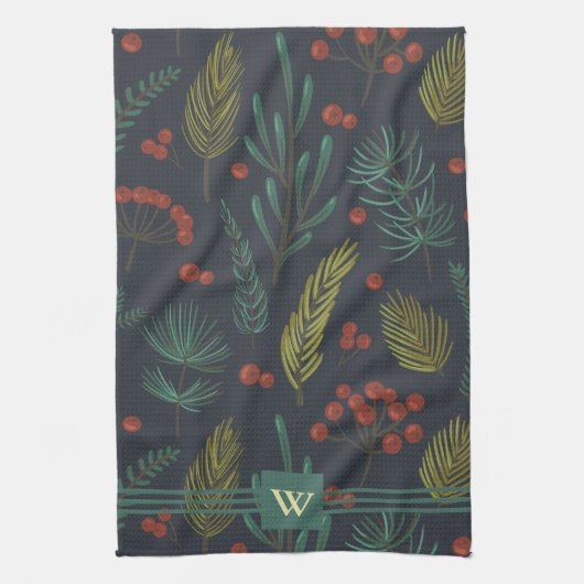 Elegant Monogram Winter Botanisch Theedoek (Verticaal)