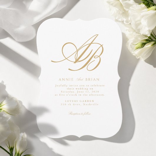 Elegant Monogram Wit Beige Goud Bruiloft Kaart