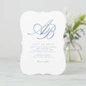 Elegant Monogram Wit Blau Huwelijk Kaart (Staand voorkant)