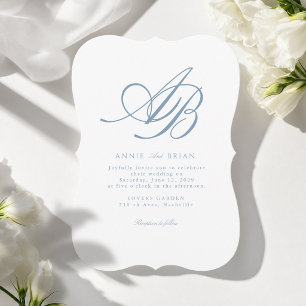 Elegant Monogram Wit Blau Huwelijk Kaart