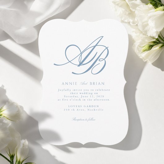 Elegant Monogram Wit Blau Huwelijk Kaart