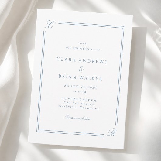 Elegant Monogram Wit Blau Rand Trouwdag Kaart