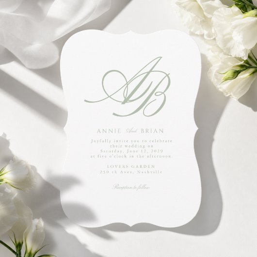 Elegant Monogram Wit Groen Huwelijk Kaart