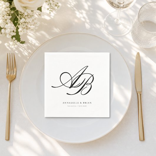 Elegant Monogram Wit Huwelijk  Servet