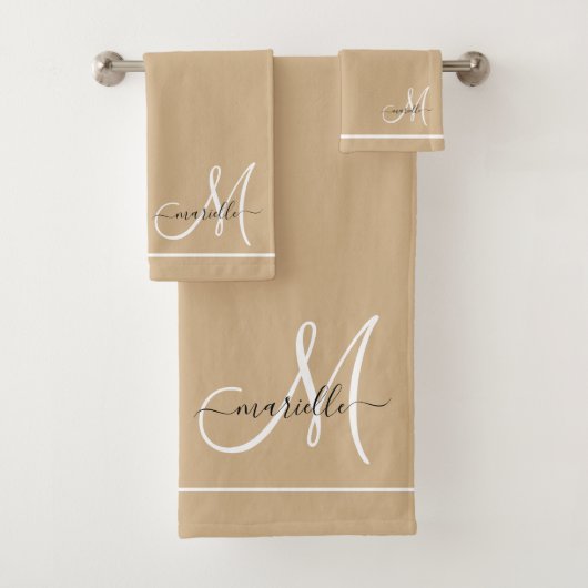 Elegant Monogram Wit Script Naam Tan Bad Handdoek (Insitu)