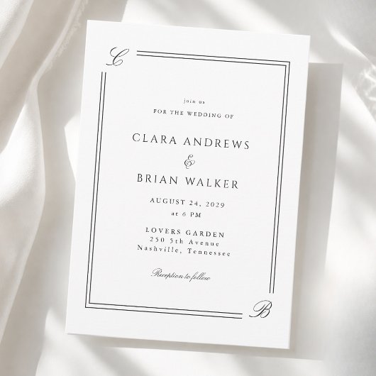 Elegant Monogram Wit Zwart Rand Trouwfeest Kaart