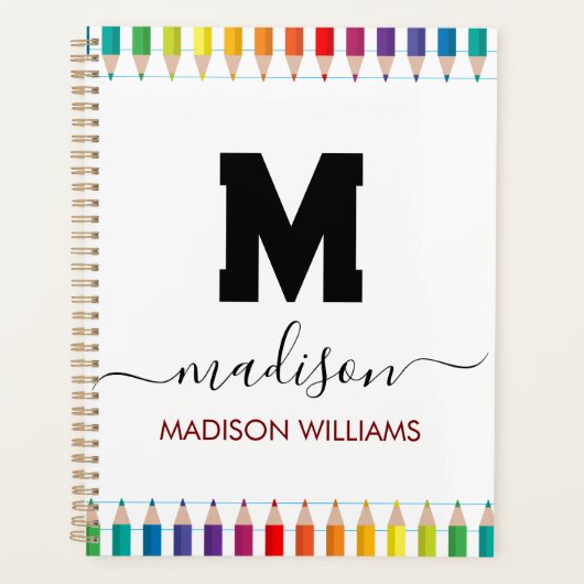 Elegant Monogram wit zwart Script Kantoor School Planner (Voorkant)