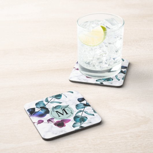 Elegant monogram witte marmer eucalyptus folia bier onderzetter (Rechterzijde)