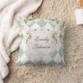 Elegant Monogram Witte Rozen Groene Bladeren Diama Kussen (Deken)
