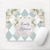 Elegant Monogram Witte Rozen Groene Bladeren Diama Muismat (Met muis)