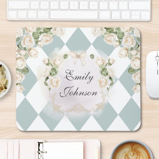 Elegant Monogram Witte Rozen Groene Bladeren Diama Muismat
