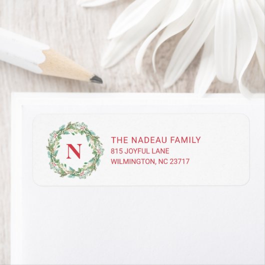 Elegant Monogram Wreater Kerstadres Etiket (Insitu)