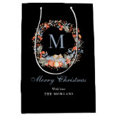 Elegant Monogram Wreath Chic Black Christmas Medium Cadeauzakje (Voorkant)