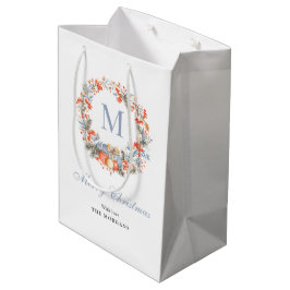 Elegant Monogram Wreath Dusty Blue Christmas Medium Cadeauzakje