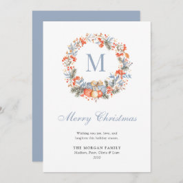 Elegant Monogram Wreath Dusty Blue Modern Feestdagenkaart