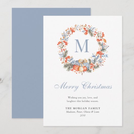 Elegant Monogram Wreath Dusty Blue Modern Feestdagenkaart (Voorkant / Achterkant)