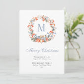 Elegant Monogram Wreath Dusty Blue Modern Feestdagenkaart (Staand voorkant)