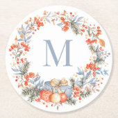 Elegant Monogram Wreath Dusty Blue Modern Ronde Kartonnen Onderzetter (Voorkant)