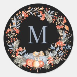 Elegant Monogram Wreath Dusty Blue Modern Ronde Sticker