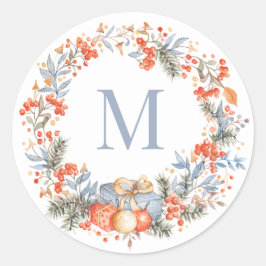 Elegant Monogram Wreath Dusty Blue Modern Ronde Sticker