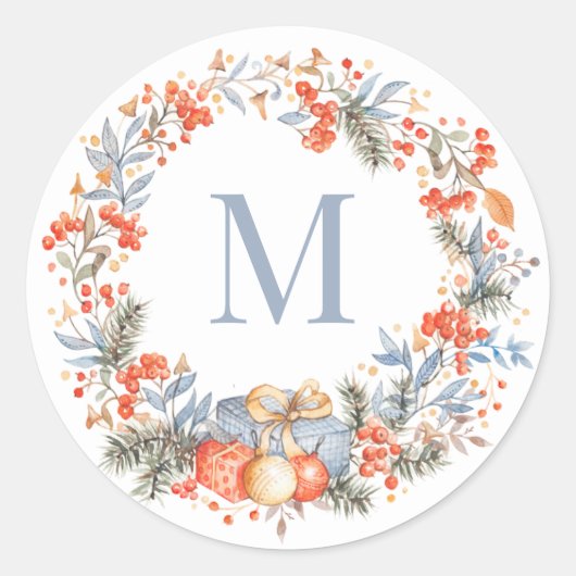 Elegant Monogram Wreath Dusty Blue Modern Ronde Sticker (Voorkant)