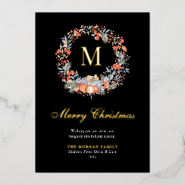 Elegant Monogram Wreath Modern Black Gold Folie Feestdagenkaart