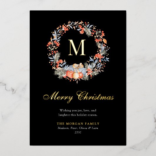 Elegant Monogram Wreath Modern Black Gold Folie Feestdagenkaart (Voorkant)