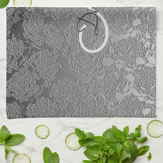 Elegant Monogram Zilver Grijs Bloemen Modern Class Theedoek (Gevouwen)