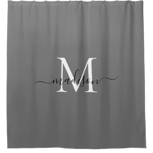 Elegant Monogram Zilver Grijs Zwart Script Naam Douchegordijn (Voorkant)