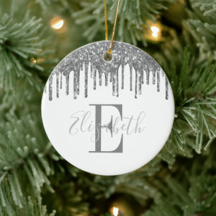 Elegant Monogram Zilveren Glitter Drip Keramisch Ornament