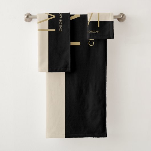 Elegant monogram zwart beige roze bad handdoek (Insitu)