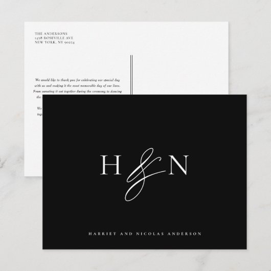 Elegant Monogram Zwart Bruiloft Dank u Briefkaart (Voorkant / Achterkant)