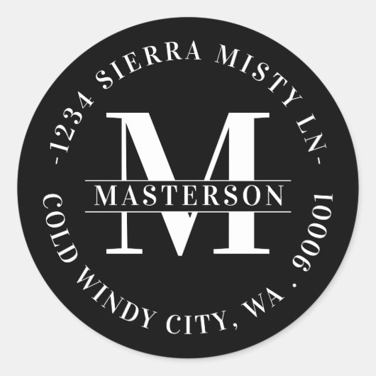 Elegant Monogram Zwart Cirkelvormig Retouradres Ronde Sticker (Voorkant)