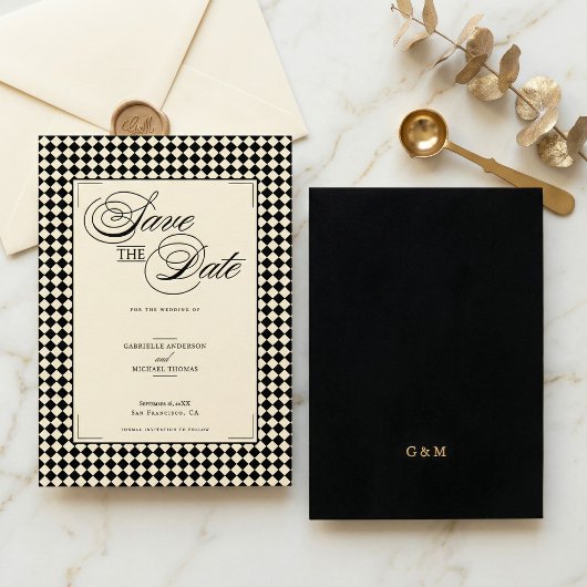 Elegant Monogram Zwart Crème Schachbrett Save The Date