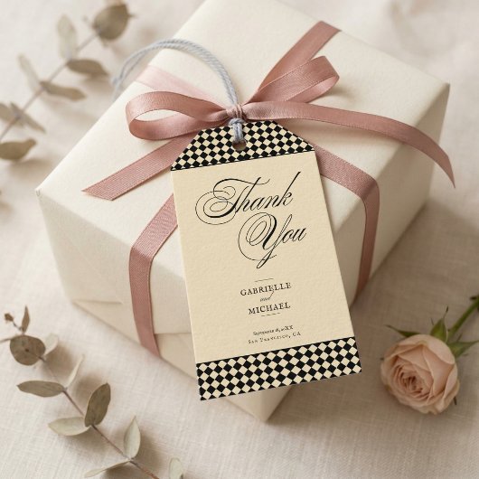 Elegant Monogram Zwart Crème Schachbrettmotief Cadeaulabel