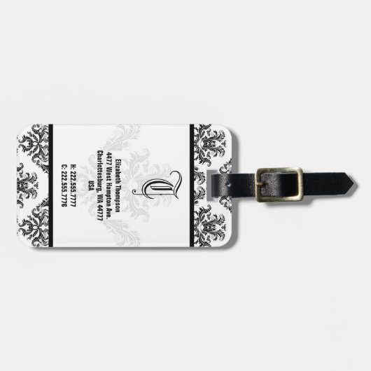 Elegant Monogram Zwart Damask Bagagelabel (Voorkant horizontaal)