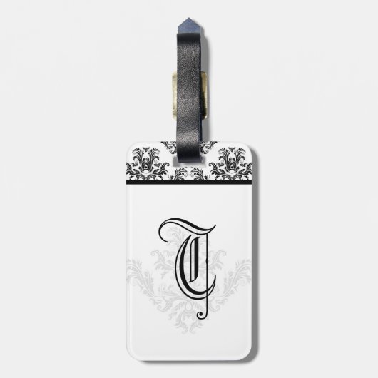 Elegant Monogram Zwart Damask Bagagelabel (Achterkant verticaal)