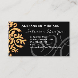 Elegant Monogram Zwart en Goud Damast Visitekaartje