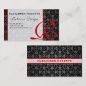 Elegant Monogram Zwart en Goud Damast Visitekaartje (Voorkant / Achterkant)