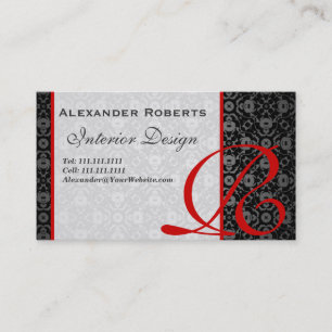 Elegant Monogram Zwart en Goud Damast Visitekaartje