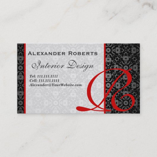 Elegant Monogram Zwart en Goud Damast Visitekaartje (Voorkant)