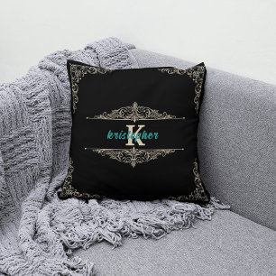 Elegant Monogram Zwart en Goud Gepersonaliseerde N Kussen