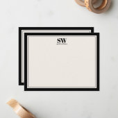 Elegant monogram zwart en ivoor grens minimalistis notitiekaartje (Voorkant / Achterkant in situ)
