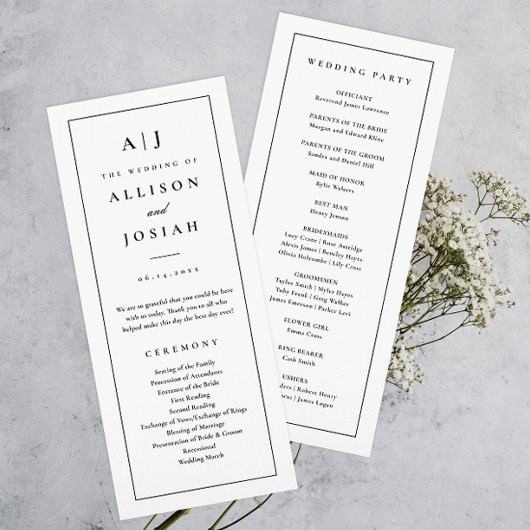 Elegant Monogram Zwart en Wit Huwelijk Programmakaart