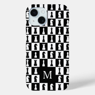 Elegant Monogram Zwart en Wit Schaakbord Patroon iPhone 15 Case