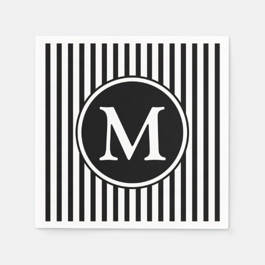Elegant Monogram Zwart En Wit Strepen Servetten (Voorkant)